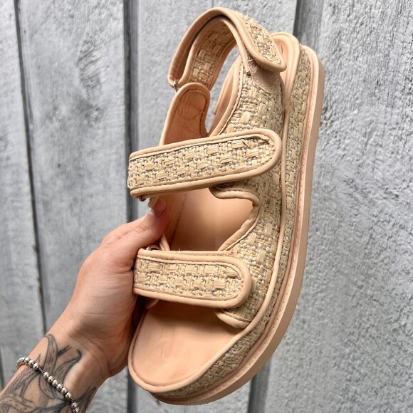 Ego Official  Hyped Double Strap Flat Dad Sandal In Natural Nude Woven Fabric - Picture 4 of 12